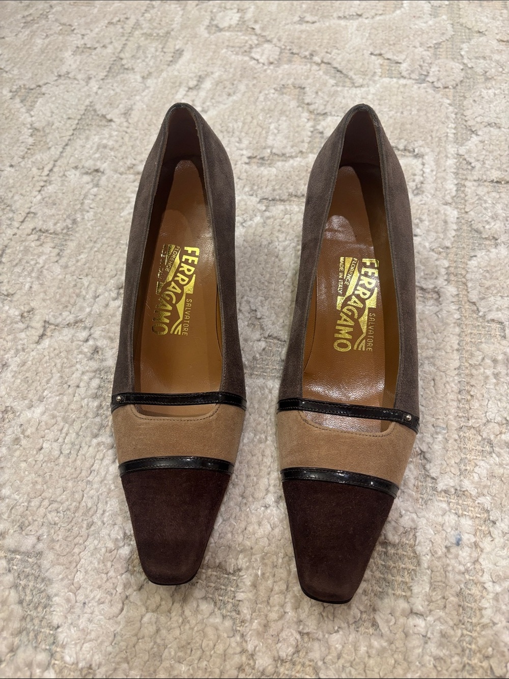 Salvatore Ferragamo Brown and Tan Suede Two-Tone Pumps with Black Trim
